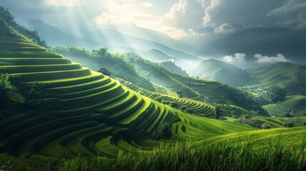 Green Rice fields on terraced in Muchangchai, Vietnam Rice fields prepare the harvest at Northwest Vietnam. - obrazy, fototapety, plakaty