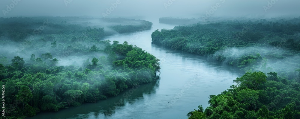 Poster brooding clouds loom over a winding river in a dense forest, fog embracing the water surface