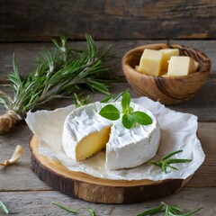 Artisan cheese with herbs on wooden table