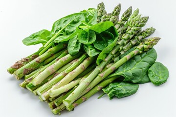 Asparagus Stalks and Spinach Leaves on White Background, Fresh Young Garden Asparagus