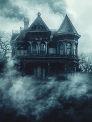 Obraz premium The Victorian mansion was enveloped in an eerie atmosphere with dense clouds, bare trees, and mist hanging heavy in the air