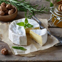 Artisan camembert cheese on rustic wooden table