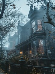 A Victorian mansion, shrouded by dense, cloudy skies, with bare trees swaying in the mist and foreboding air