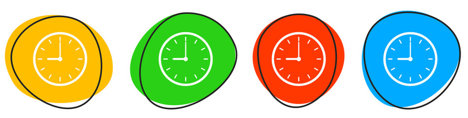 4 bunte Icons: Uhr - Button Banner