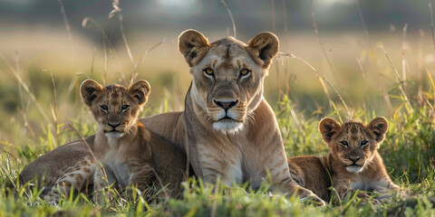 Majestic lioness watching over her cubs a mother liones with her cubs sitting on a grass field with blurly background.