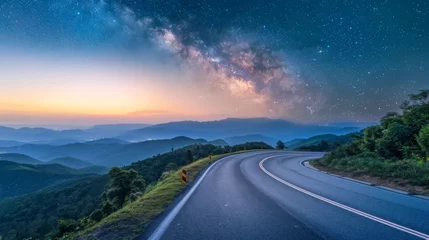 Deurstickers landscape view point asphalt curved road on Doi Inthanon National park mountains at dawn with milky way background © Plaifah