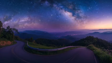Deurstickers landscape view point asphalt curved road on Doi Inthanon National park mountains at dawn with milky way background © Plaifah