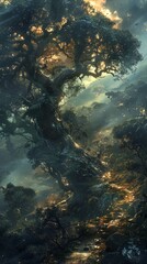 Dense rainclouds oppressively hang over a forest, mist clings to ancient trees, a shadowy path winds through gloomy woods