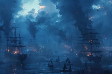 Dense, tempestuous clouds gathering over a bustling port, ships anchored, sailors securing gear against the impending storm