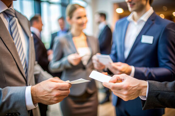 Close-up of Business Cards Exchange: Images focusing on the exchange of business cards between individuals during networking events, meetings, or conferences.
