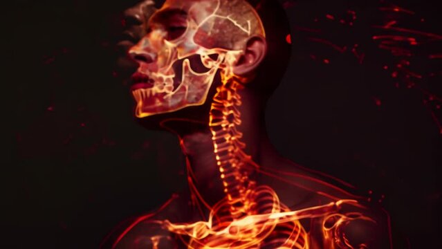 Close-up image of a human skeleton engulfed in intense red and orange flames. 