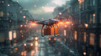 Futuristic Delivery in the Low-Altitude Economy: Drone Carrying Package Through Air with Cinematic Lighting, Digital Rendering Showcasing Modern Customer Service in Various Industries