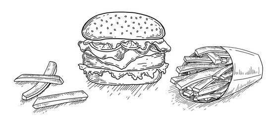 Vector Hand Drawn Burger and French Fries in . Engraving Style Burger Sandwich with potatoes fries in a paper cup and chips inside. Big burger sketch in retro style. Hamburger Fast Food Illustration.