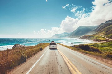 An unforgettable family road trip along a scenic coastal highway, with stops at charming seaside towns, picturesque viewpoints, and spontaneous adventures, Generative AI