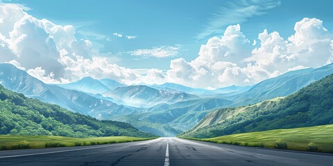 Paved road and verdant peaks against a scenic sky.