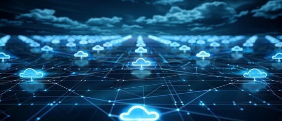 A global setup highlights the efficiency and connectivity of a digital cloud network with high speed data transfers - obrazy, fototapety, plakaty
