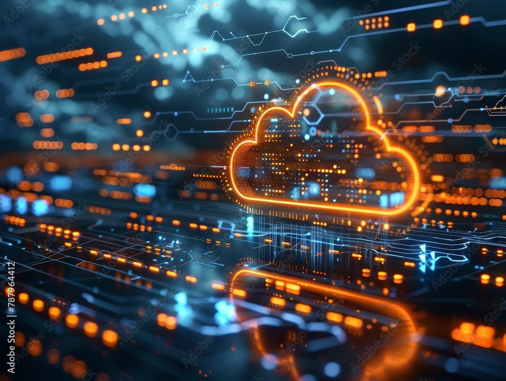 Poster a scalable cloud system adapts to demand with expanding virtual resources, illustrated digitally
