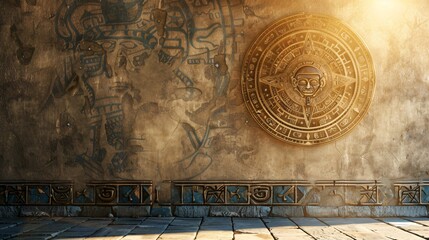 Ancient Native American-inspired background with a Mesoamerican calendar on aged wall. Blank surface texture. - obrazy, fototapety, plakaty