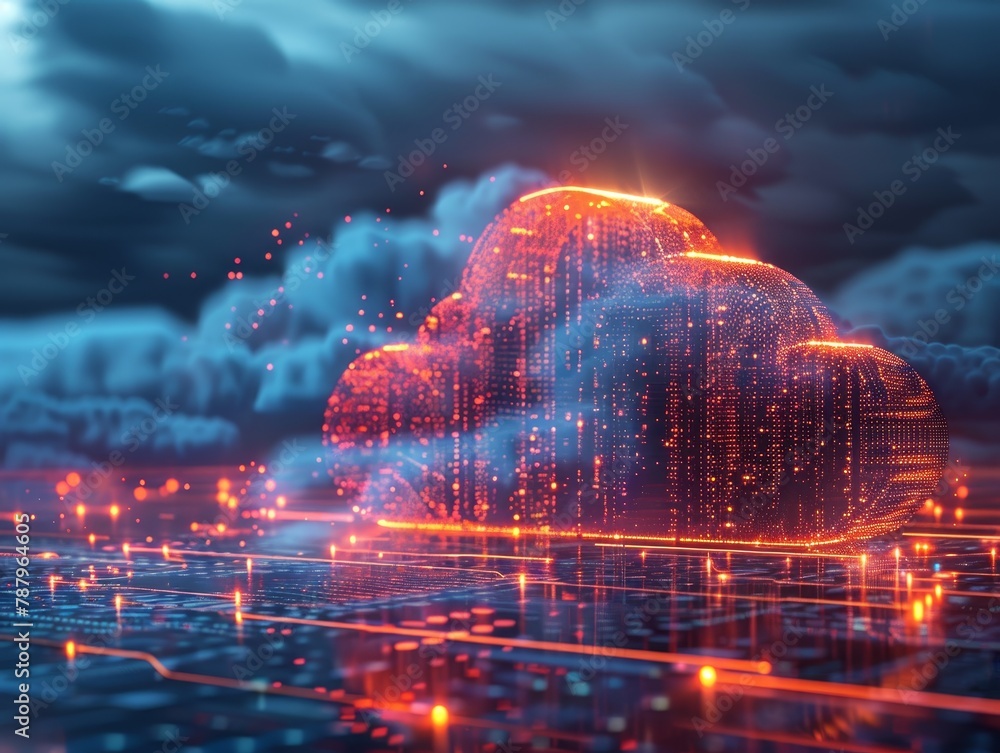 Poster digital illustration of a scalable cloud infrastructure adapting to increased demand, visualized thr