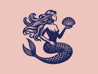 Naklejka premium Beautiful mermaid holding a shell in her hands. Vintage retro engraving illustration. Black icon, isolated element 