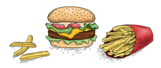 Vector Hand Drawn Burger and French Fries in . Engraving Style Burger Sandwich with potatoes fries in a paper cup and chips inside. Big burger sketch in retro style. Hamburger Fast Food Illustration.