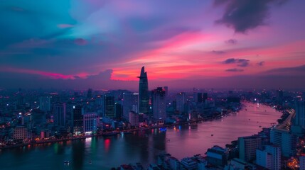 Panoramic of Ho chi minh city or Saigon city at twilight in Vietnam. - obrazy, fototapety, plakaty