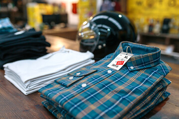Detail of label with promotion price over a blue plaid shirt on shop with industrial style....