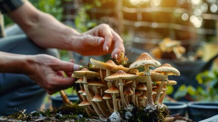 person hand harvesting psychedelic psilocybin mushrooms homemade or laboratory - obrazy, fototapety, plakaty