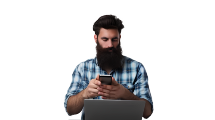 Handsome man with beard using laptop and mobile phone isolated on a transparent background