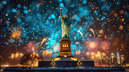Statue of Liberty with festive fireworks display over New York skyline. U.S. Independence Day.