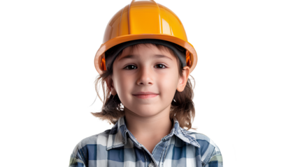 Little child in hard had helmet isolated on a transparent background