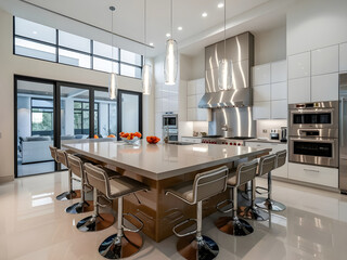 Modern kitchen features dark gray flat front cabinets paired with white quartz countertops and a glossy gray.