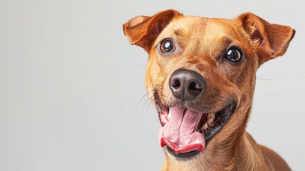 Portrait of cute cheerful dog with tongue sticking out posing isolated over white studio background