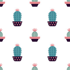 Cute cacti in boho style. Cactus seamless pattern. Trendy boho pattern. Cacti fabric print design. Succulent textile. Flat design, doodle style, white background