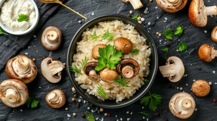 Risotto with brown champignon mushrooms on black stone background. top view