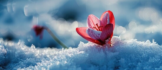 A flower blooming in the snow.