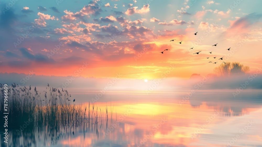 Poster scenic view of beautiful sunrise or dawn above the pond or lake at spring or early morning with clou