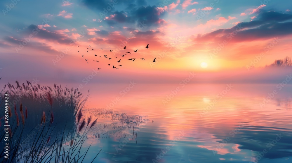 Poster scenic view of beautiful sunrise or dawn above the pond or lake at spring or early morning with clou