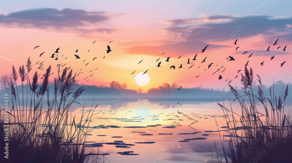 Poster scenic view of beautiful sunrise or dawn above the pond or lake at spring or early morning with clou