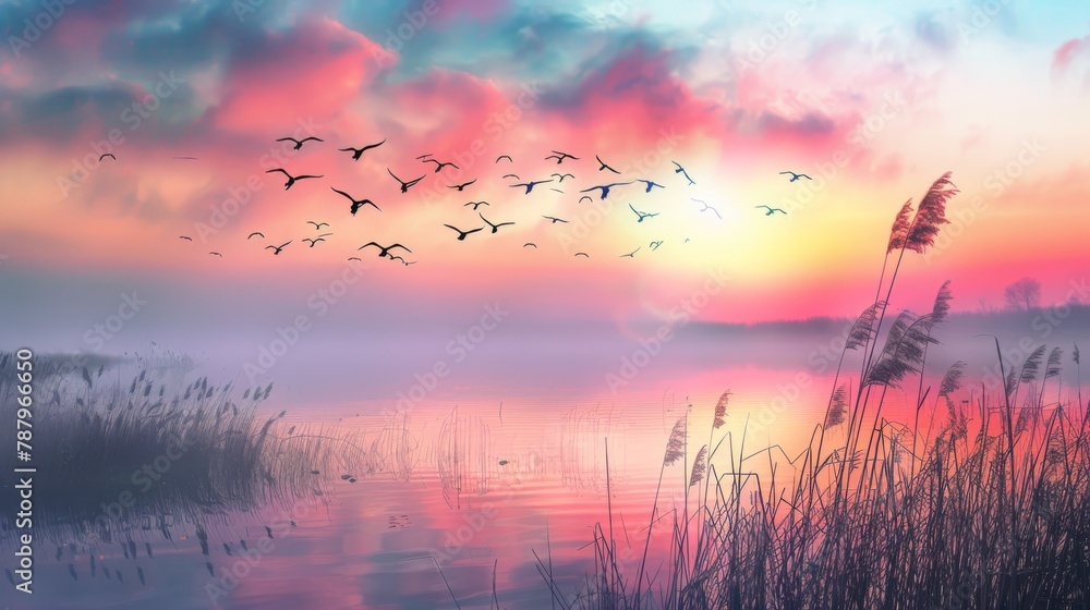 Poster scenic view of beautiful sunrise or dawn above the pond or lake at spring or early morning with clou