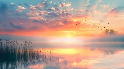 Scenic view of beautiful sunrise or dawn above the pond or lake at spring or early morning with cloudy fog over water and reed with dew. Silhouettes of a flock of birds on the background colorful sky - obrazy, fototapety, plakaty