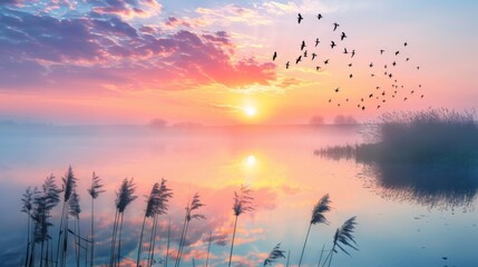 Scenic view of beautiful sunrise or dawn above the pond or lake at spring or early morning with cloudy fog over water and reed with dew. - obrazy, fototapety, plakaty