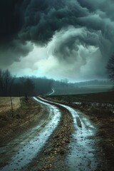 Gloomy clouds cast an eerie pall over a lonely country road, with desolate, windswept fields on either side