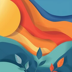 A mesmerizing landscape painting capturing a sunset with azure, orange, and electric blue tints. The sun shines through the mountains, creating a stunning pattern of symmetry