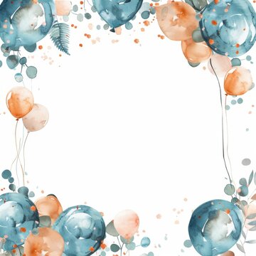 A watercolor painting of a frame of blue and peach balloons with eucalyptus leaves and gold confetti.