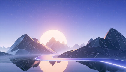 3d low poly mountain landscape with sunrise dawn blue sky and glowing windy road background blank space