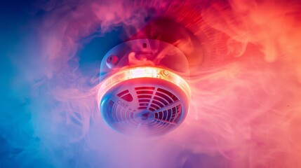 Smoke detector and fire alarm in action background with copy space - obrazy, fototapety, plakaty