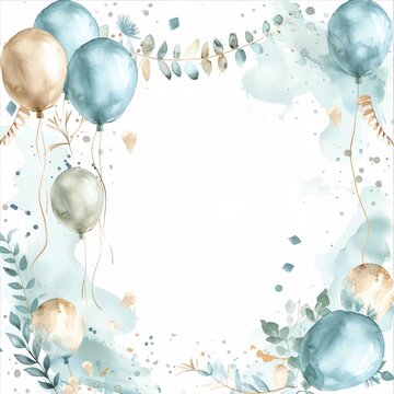 A watercolor painting of blue and green balloons with eucalyptus leaves and gold accents.