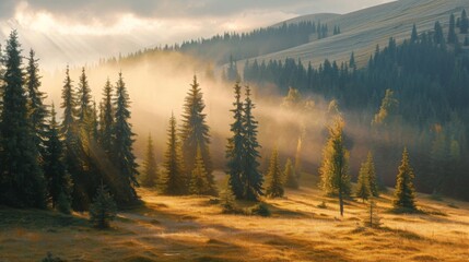 Spruce trees in the morning sunlight. Carpathian mountains. Ukraine - obrazy, fototapety, plakaty