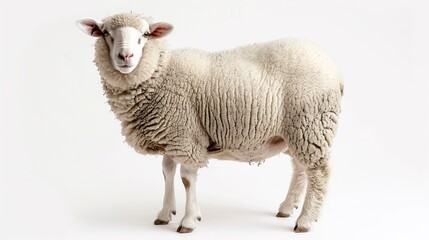 Fototapeta premium A sheep standing on a white background with its eyes closed, AI
